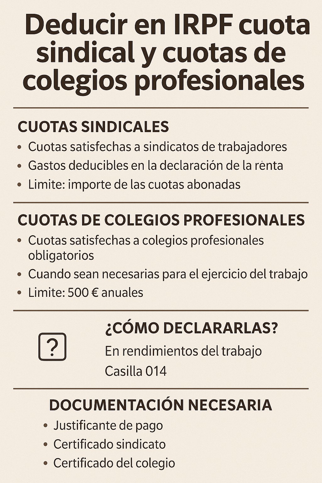 Deducir IRPF cuota sindical y cuotas de colegios profesionales